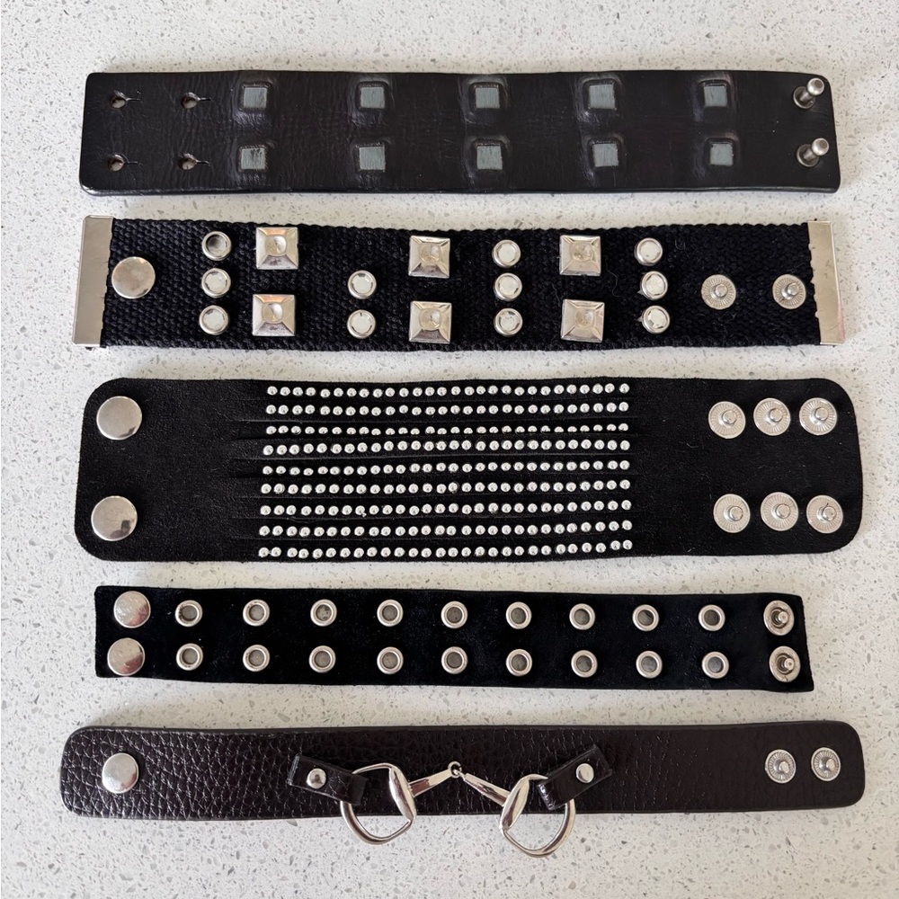 Vintage Black Leather, Velvet  And Silver Accents Studded Bracelets Lot